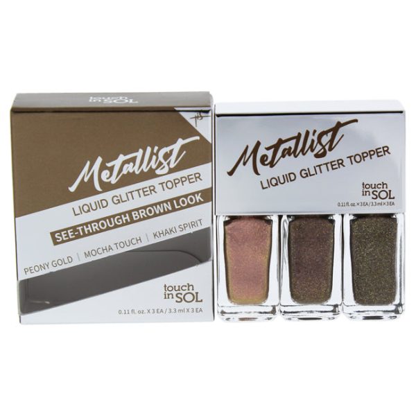 Touch In Sol Metallist Liquid Glitter Topper Trio - 02 SeeThrough Brown Look by Touch In Sol for Women - 3 x 0.11 Eye Shadow Peony Gold, Mocha Touch, Khaki Spirit For Sale