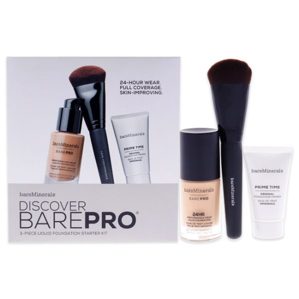 BareMinerals Discover Barepro Liquid Foundation Starter Kit by BareMinerals for Women - 3 Pc 0.47oz BarePro Performance Wear Liquid Foundation SPF 20 - 18 Pecan, 0.5ozPrime Time Original Foundation, Luxe Performance Brush Online Hot Sale